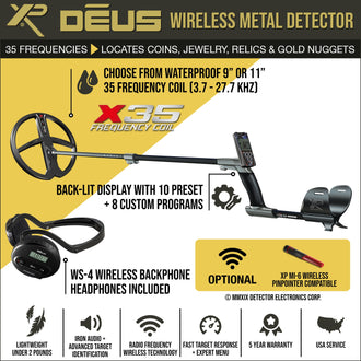 XP DEUS With WS4 Backphone Headphone + Remote + 9" OR 11" X35 Search Coil